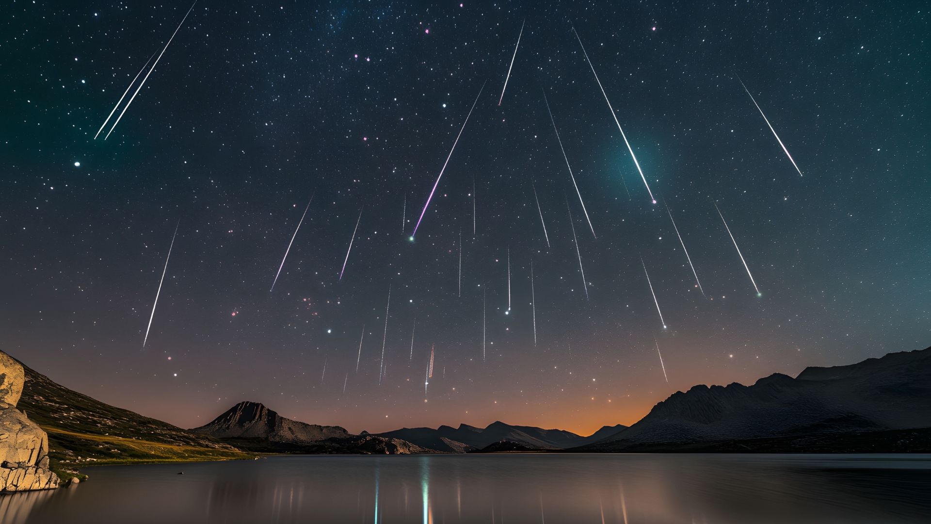 : Lluvia de meteoros iluminando el cielo estrellado sobre un paisaje montañoso cerca de un lago.