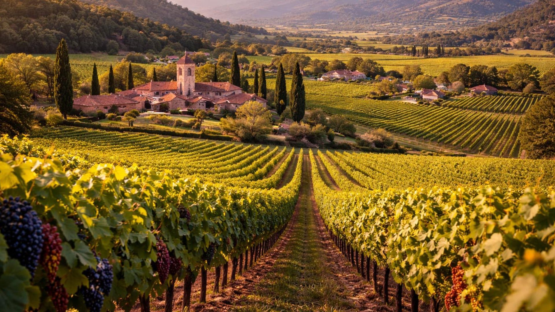 Viñedo extenso con una casa de campo al fondo, en una región montañosa y soleada.