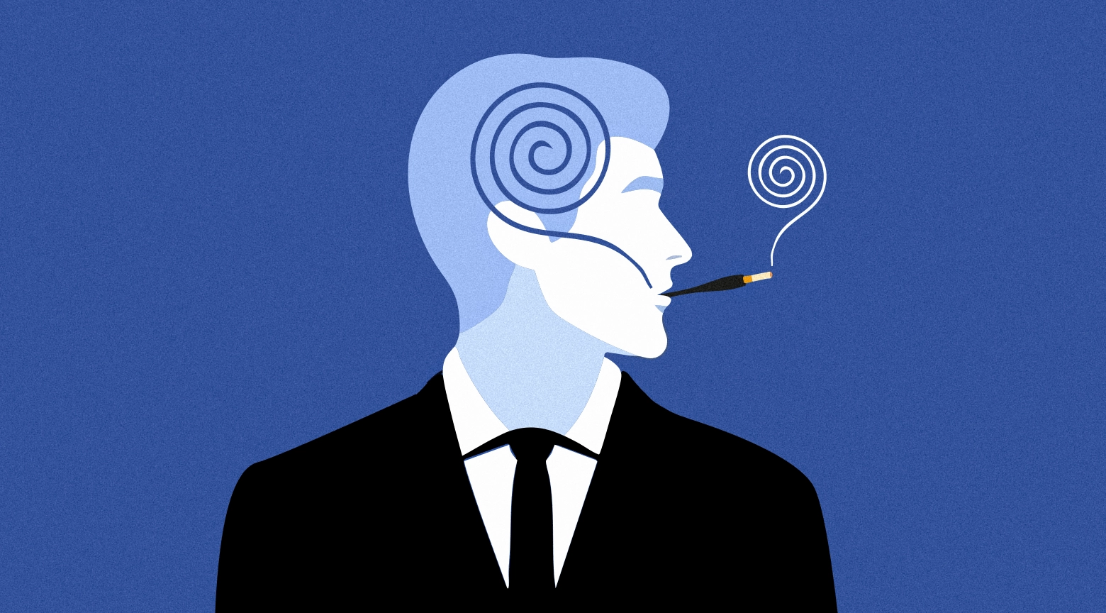 : Ilustración de una figura humana con un cigarro en la boca y espirales saliendo de su cabeza, simbolizando la adicción al cigarrillo.