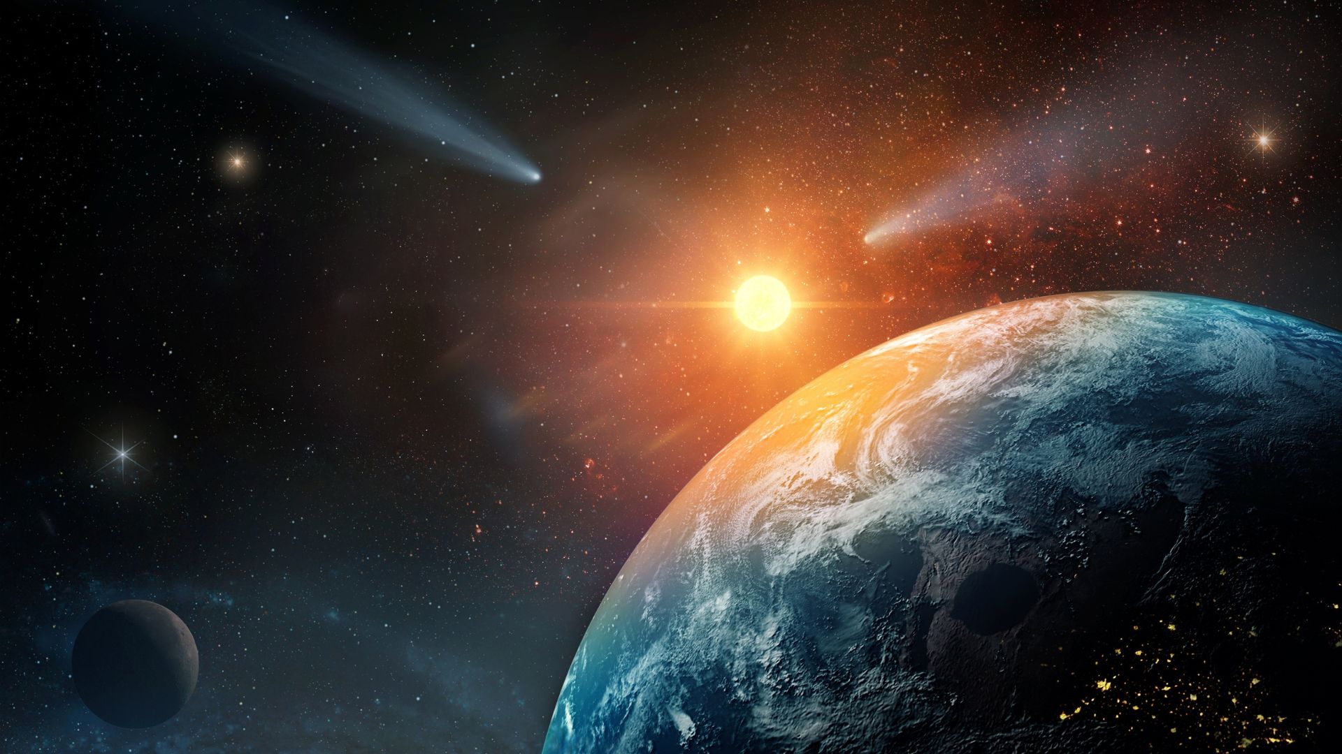 Vista del espacio con cometas y un planeta en primer plano, iluminado por la luz del sol.