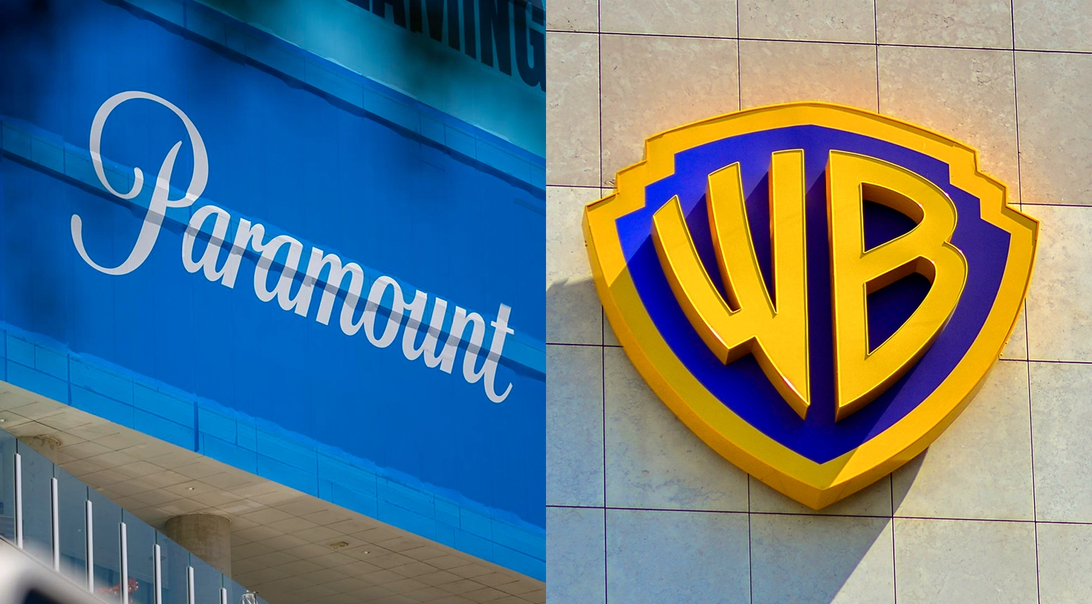Logos de Paramount y Warner, dos gigantes de la industria del entretenimiento, mostrando su alianza reciente en un acuerdo histórico.