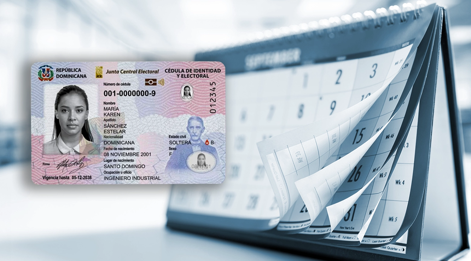 Nueva cédula dominicana junto a un calendario, destacando el proceso de renovación.