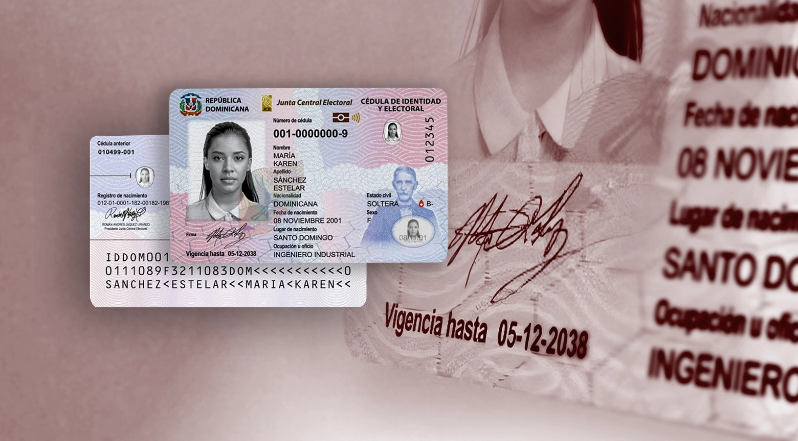 Cédula de identidad dominicana con diseño actualizado sobre fondo ampliado del documento.
