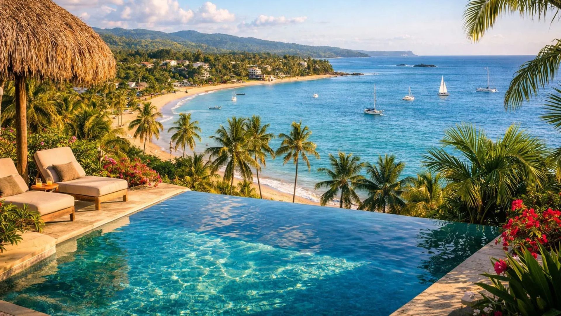Vista panorámica de una playa rodeada de palmeras, casas y montañas en un pueblo costero de República Dominicana.