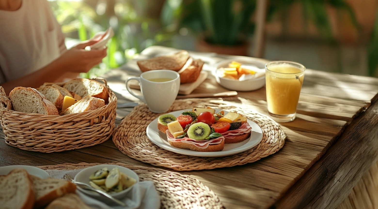 Un desayuno saludable con pan tostado, tomates cherry, kiwi, queso, jamón, jugo de naranja y café, servido en una mesa de madera con un ambiente cálido y natural.