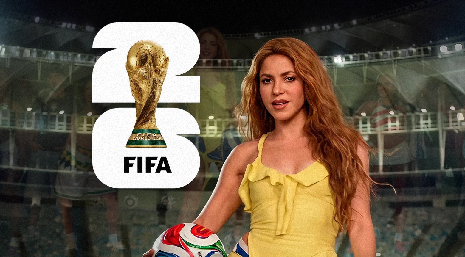Shakira sostiene un balón de fútbol mientras promociona su nueva canción “Dai Dai” para el Mundial 2026, con el logo del torneo en el fondo.