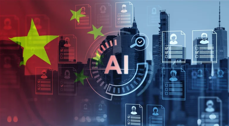 Vista conceptual que muestra la influencia de China en el comercio global impulsada por la inteligencia artificial, con iconos digitales de perfiles y datos sobre un fondo urbano y la bandera de China.