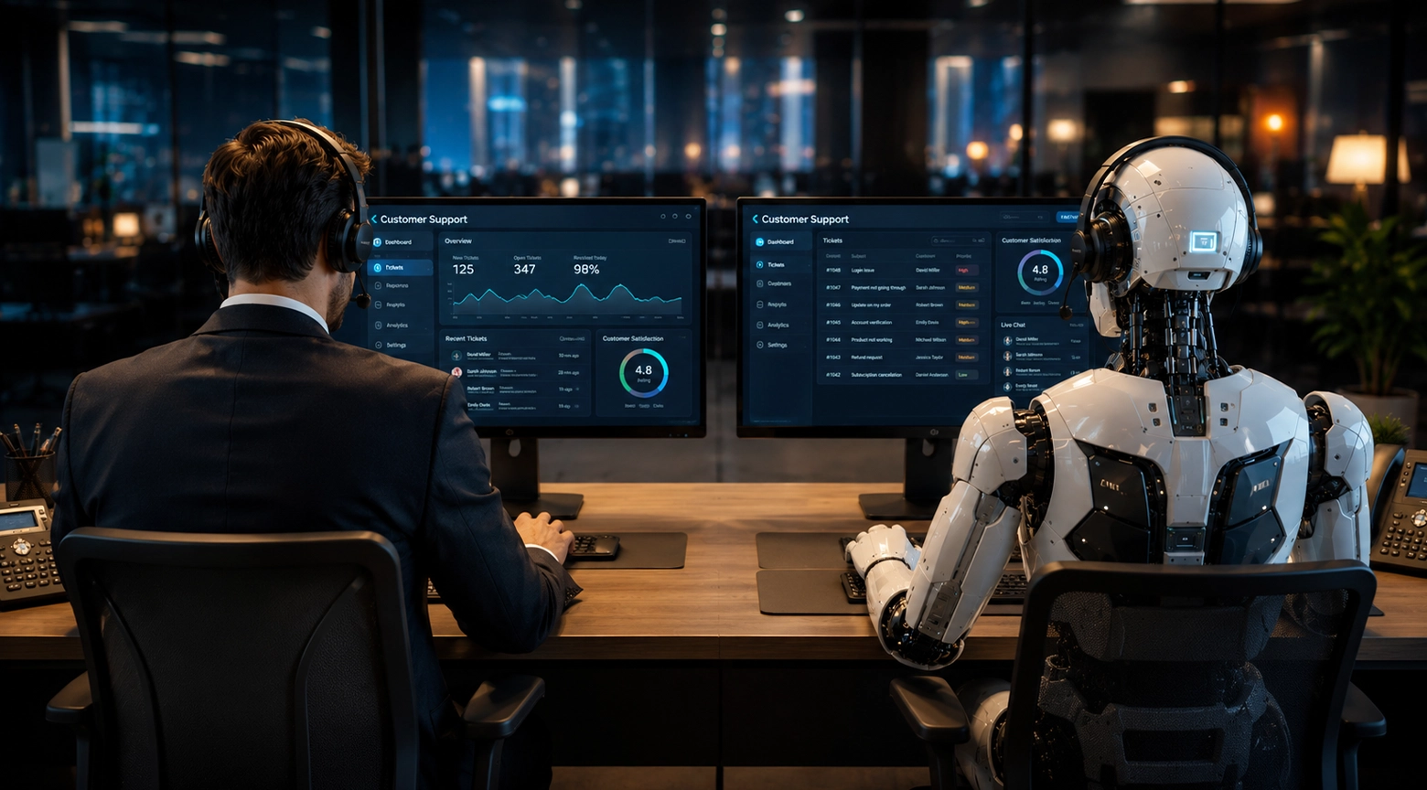 Dos personas sentadas frente a monitores de computadora trabajando en atención al cliente, con un robot humanoide al lado, simbolizando la colaboración entre humanos y la inteligencia artificial.