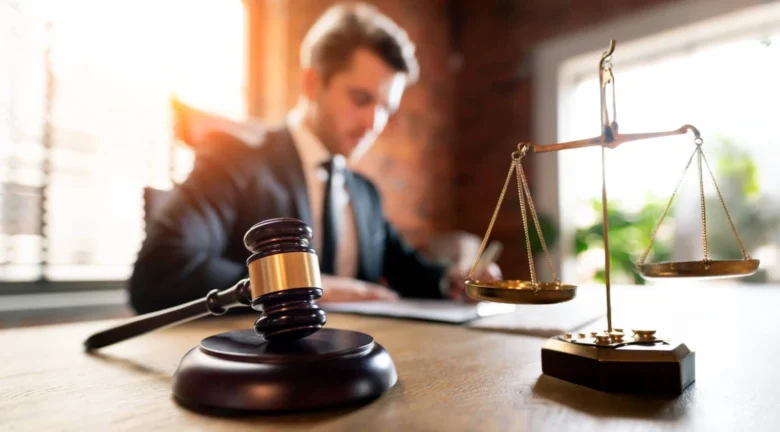 Mazo y balanza de justicia sobre un escritorio, con un profesional del derecho trabajando al fondo.