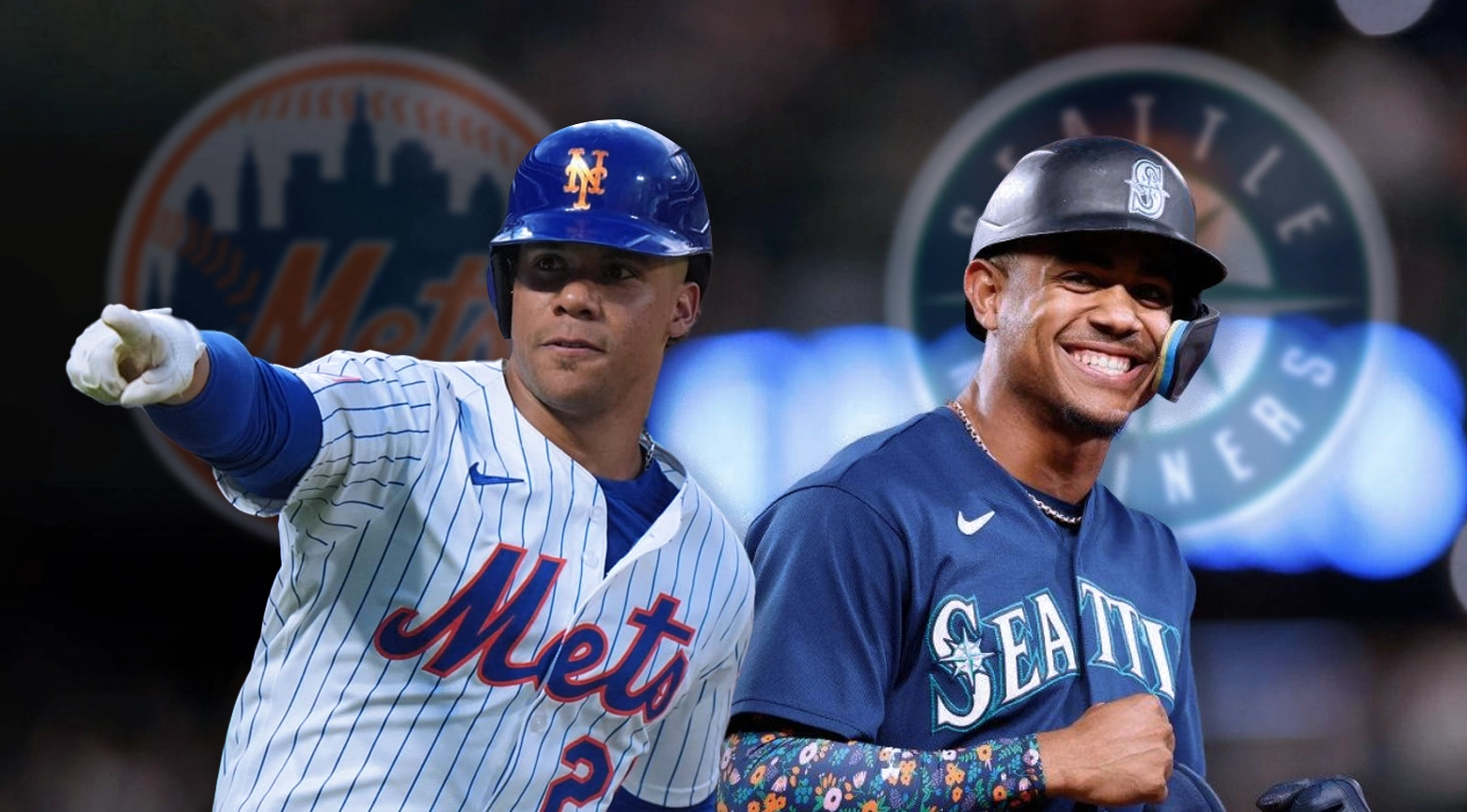 Juan Soto con el uniforme de los Mets y Julio Rodríguez con el de los Mariners en un montaje gráfico de MLB.