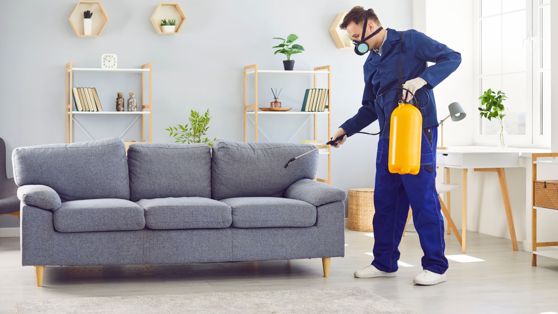 Técnico de control de plagas fumiga el interior de una vivienda utilizando un equipo de aspersión mientras lleva mascarilla y uniforme de protección.