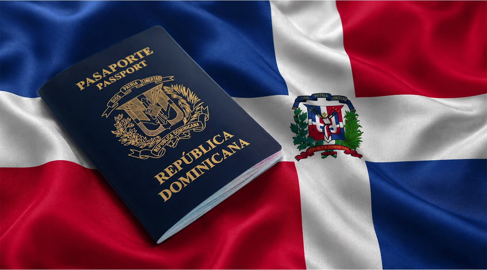 Pasaporte dominicano sobre la bandera de la República Dominicana.