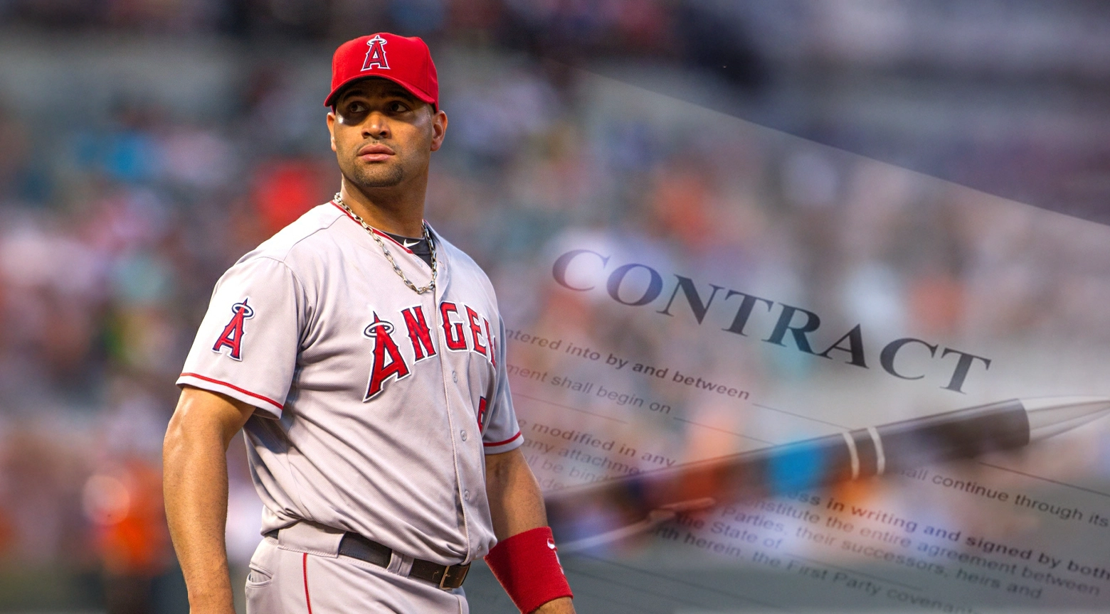 Albert Pujols con el uniforme de Los Angeles Angels junto a una representación gráfica de un contrato deportivo.