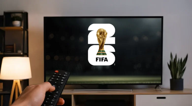 Persona usando un control remoto para ver el logo del Mundial de la FIFA 2026 en un televisor.