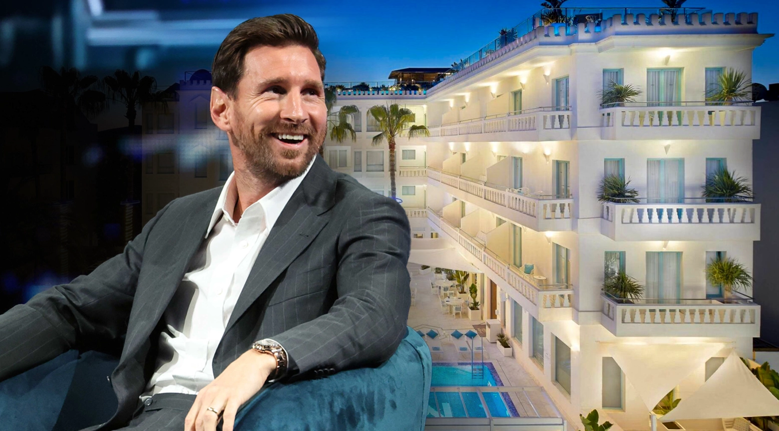 Lionel Messi sonríe mientras se muestra su nueva inversión en el sector inmobiliario con un resort de lujo en el fondo.