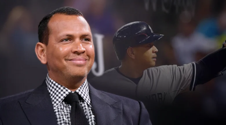 Retrato compuesto de Alex Rodríguez en traje formal sonriendo, con una imagen de él como jugador de béisbol de fondo.