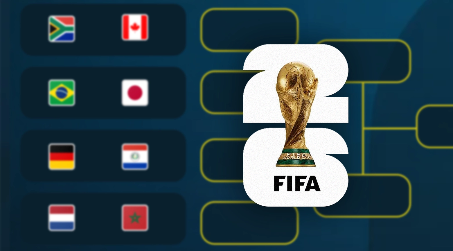 Gráfico con los cruces de los dieciseisavos de final del Mundial 2026, mostrando los primeros enfrentamientos entre selecciones y espacio para los partidos restantes, sobre un fondo azul.