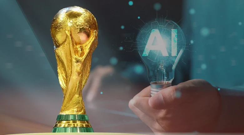 Trofeo de la Copa Mundial de la FIFA 2026 junto a una bombilla con las letras AI, simbolizando la predicción de favoritos al título mediante inteligencia artificial.