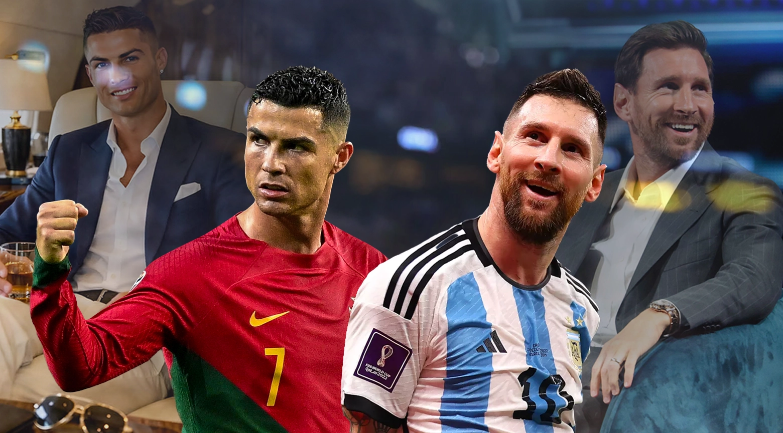 Composición de futbolistas Cristiano Ronaldo, Lionel Messi y otros jugadores de élite asociados a grandes fortunas del fútbol internacional.