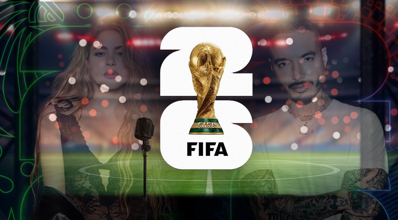Imagen promocional de la ceremonia inaugural del Mundial 2026 con Shakira y J Balvin en primer plano, con el trofeo de la Copa del Mundo FIFA 2026 al centro y un estadio de fondo.