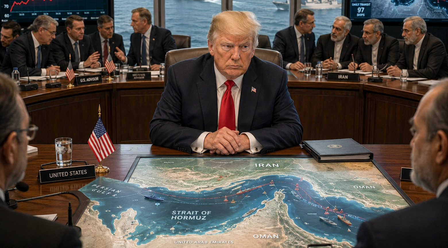 Vista de una mesa de negociaciones con Donald Trump en primer plano y representantes estadounidenses e iraníes al fondo, sobre un mapa del estrecho de Ormuz mostrando rutas marítimas y buques de guerra.