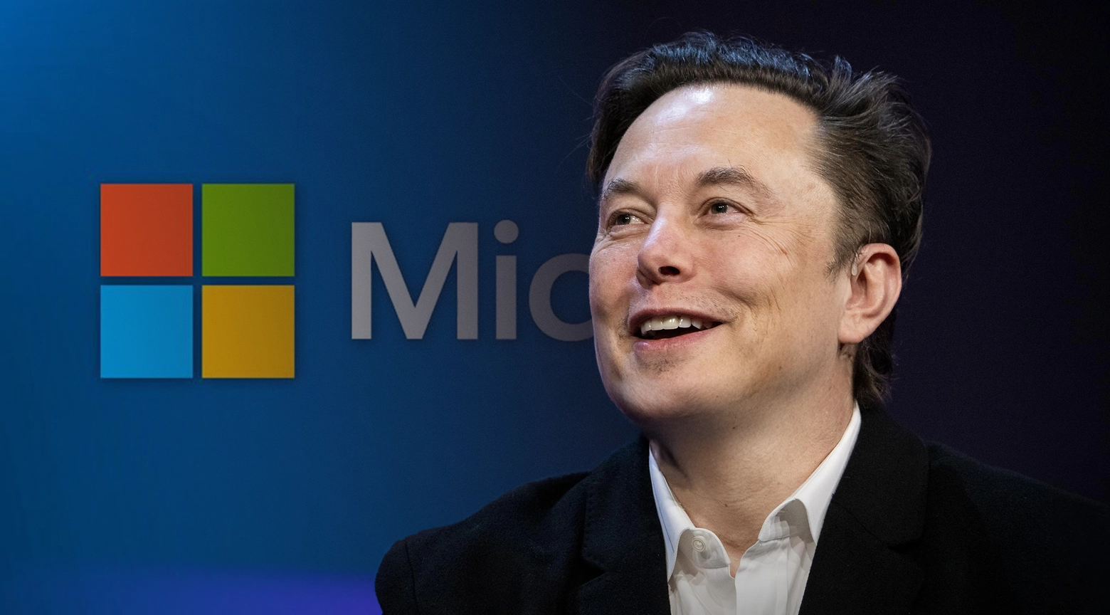 Elon Musk sonríe durante un evento corporativo con el logo de Microsoft al fondo, en un contexto de mercados tecnológicos y competencia entre grandes empresas.