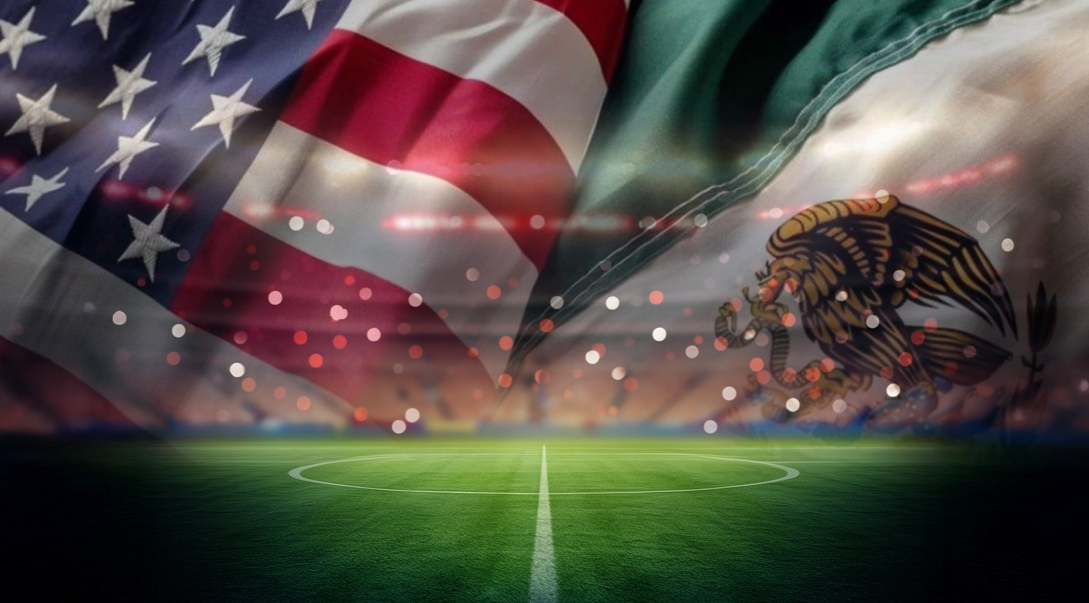 Vista del estadio de fútbol vacío con banderas de Estados Unidos y México sobreimpresas, representando el concepto de sportswashing en el Mundial 2026.