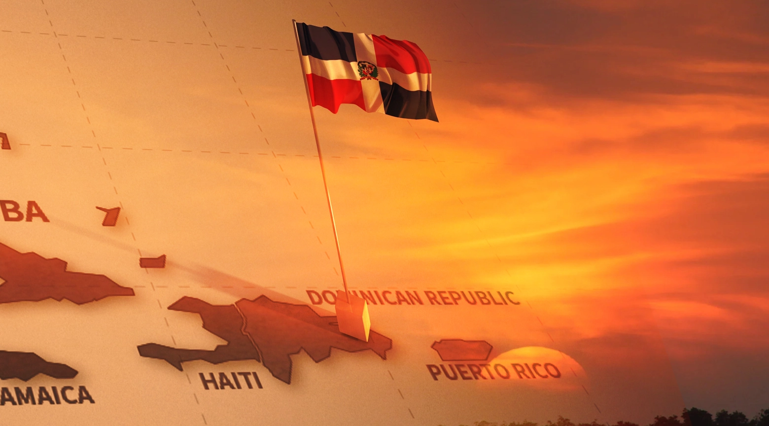 Representación gráfica tridimensional en tonos anaranjados y cálidos de un mapa del Caribe en relieve que muestra la isla de Santo Domingo marcada con las etiquetas de Haití y República Dominicana sobre la cual ondea una pequeña bandera dominicana mientras en el fondo se aprecia un cielo iluminado por una intensa luz solar junto a los nombres de Cuba Jamaica y Puerto Rico.
