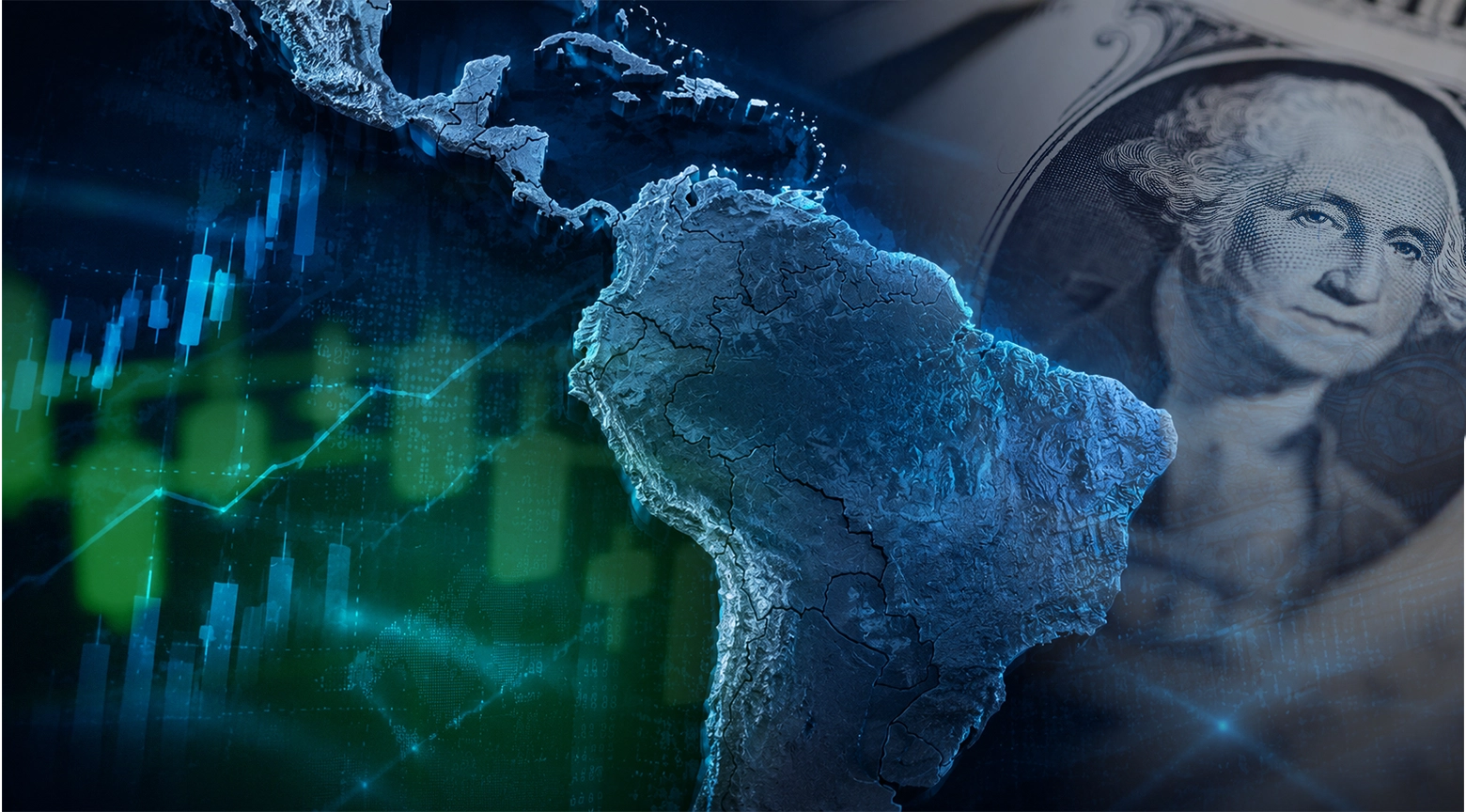 Mapa de América Latina sobre un fondo financiero con gráficos bursátiles y un billete de dólar, representando la clasificación económica de los países de la región.