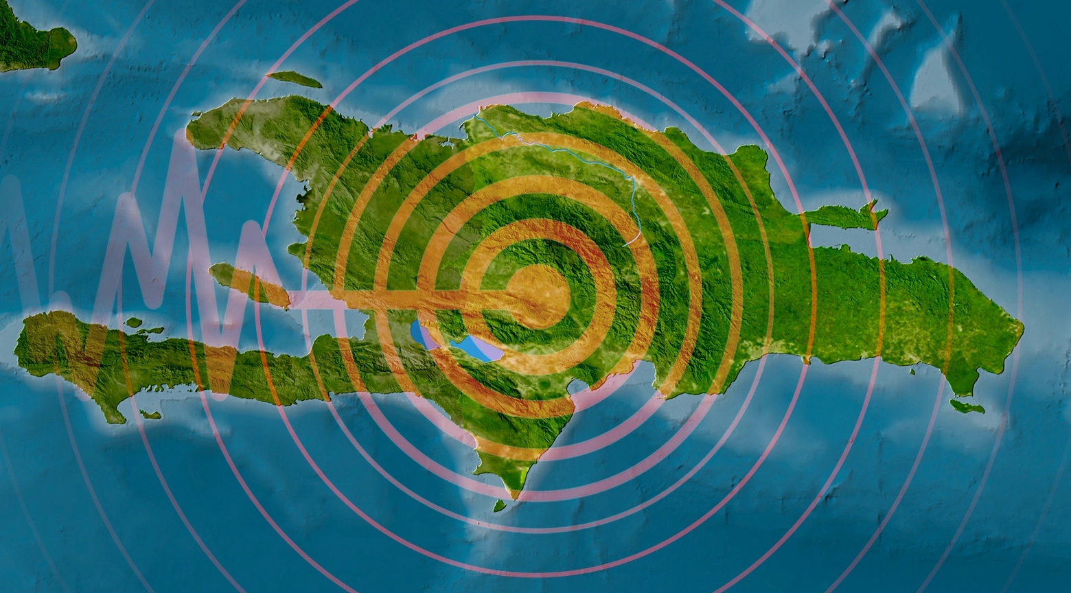 Mapa satelital de la isla de La Española rodeada por aguas azules que muestra una ilustración superpuesta de múltiples ondas concéntricas en tonos naranja y rojo que simulan el epicentro y la propagación de un fuerte terremoto desde el centro del territorio dominicano acompañado por una sutil gráfica lineal de ondas sísmicas en color rojo sobre el extremo izquierdo de la imagen.