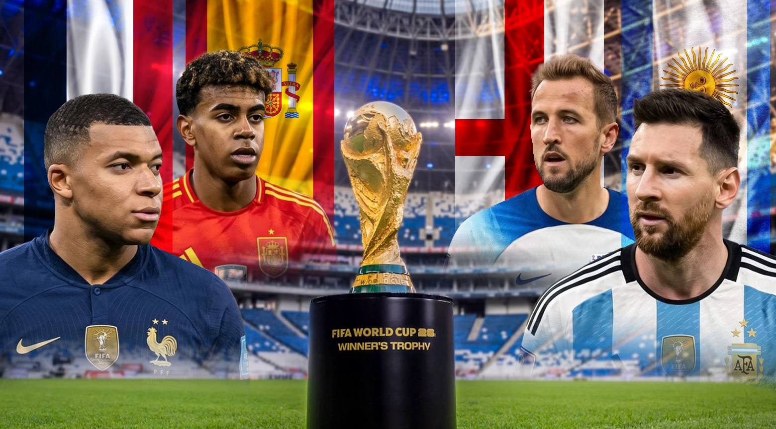 Jugadores destacados de Francia, España, Inglaterra y Argentina con la Copa del Mundo 2026 en primer plano en un estadio de fútbol.
