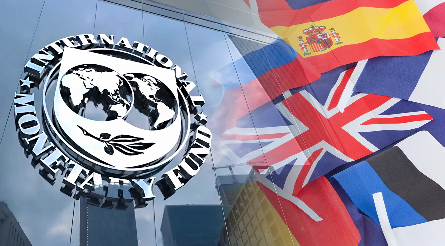 Logotipo del Fondo Monetario Internacional (FMI) junto a banderas de varios países, incluyendo España, Reino Unido y Francia, en una composición sobre deuda internacional y finanzas globales.