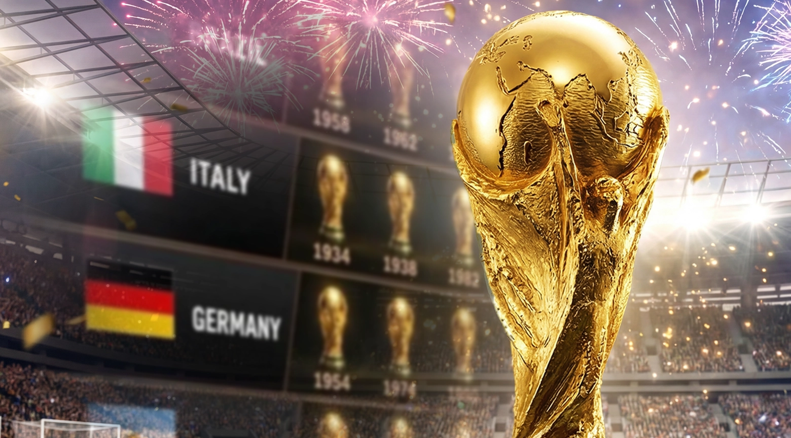 Trofeo de la Copa Mundial de la FIFA en primer plano con un estadio lleno de espectadores al fondo y una pantalla que muestra los países campeones de Italia y Alemania en el historial.