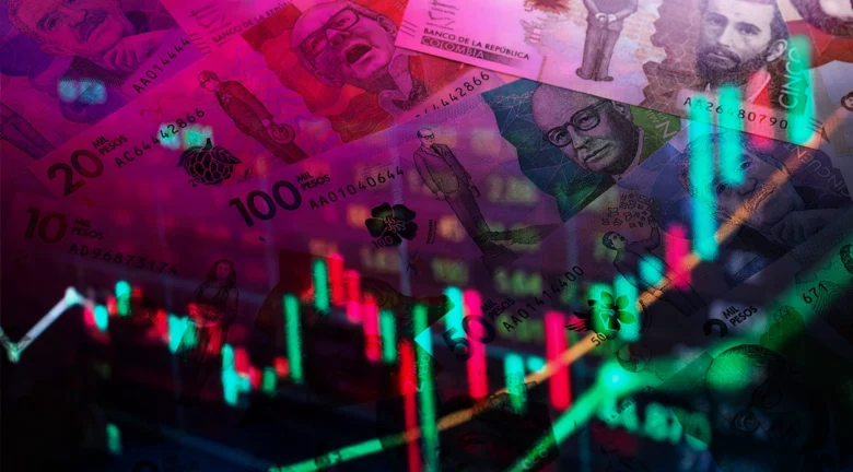 Billetes de diferentes denominaciones colombianos superpuestos con gráficos financieros digitales que muestran proyecciones de crecimiento y fluctuaciones de moneda.