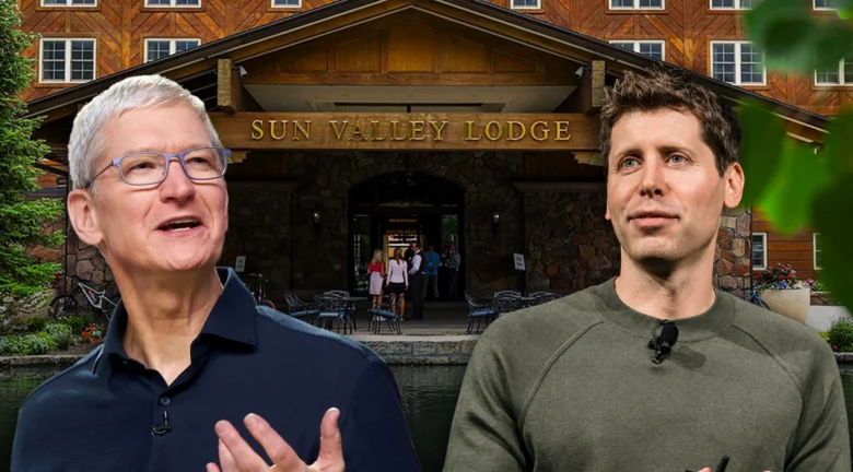 Tim Cook y Sam Altman frente a la entrada del Sun Valley Lodge en la conferencia anual de multimillonarios.