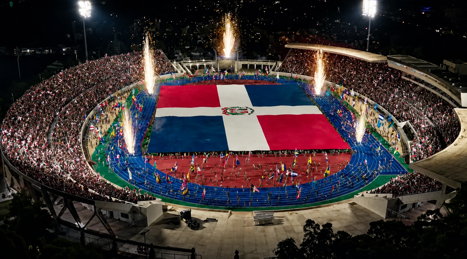 Vista aérea del Centro Olímpico Juan Pablo Duarte con el logo colorido de los XXV Juegos Centroamericanos y del Caribe Santo Domingo 2026.