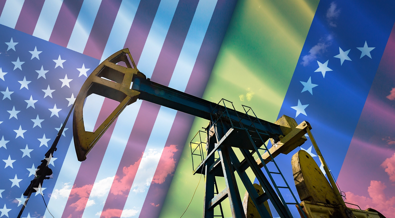 Torre de extracción de petróleo frente a las banderas de Estados Unidos, Brasil y Venezuela.