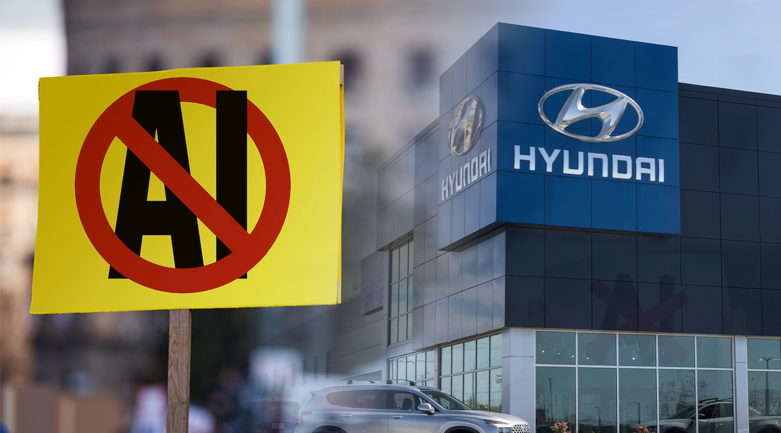 Persona sosteniendo un cartel de protesta con el símbolo de prohibición sobre "AI" frente a un concesionario de Hyundai.