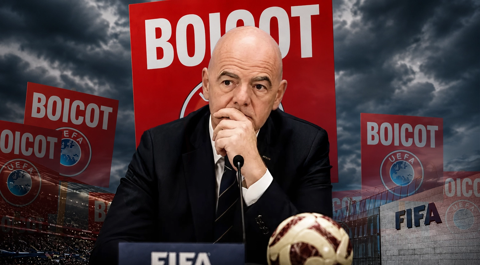 Un dirigente del fútbol aparece en una conferencia de prensa junto a un balón y carteles con la palabra “BOICOT” y referencias a la FIFA y la UEFA, en una imagen sobre tensiones dentro del fútbol internacional.