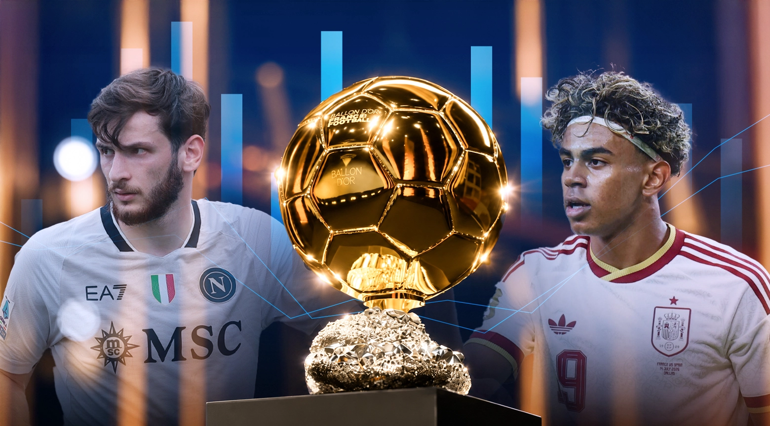 Balón de Oro dorado en el centro de la imagen junto a dos futbolistas en una composición deportiva con gráficos de estadísticas.