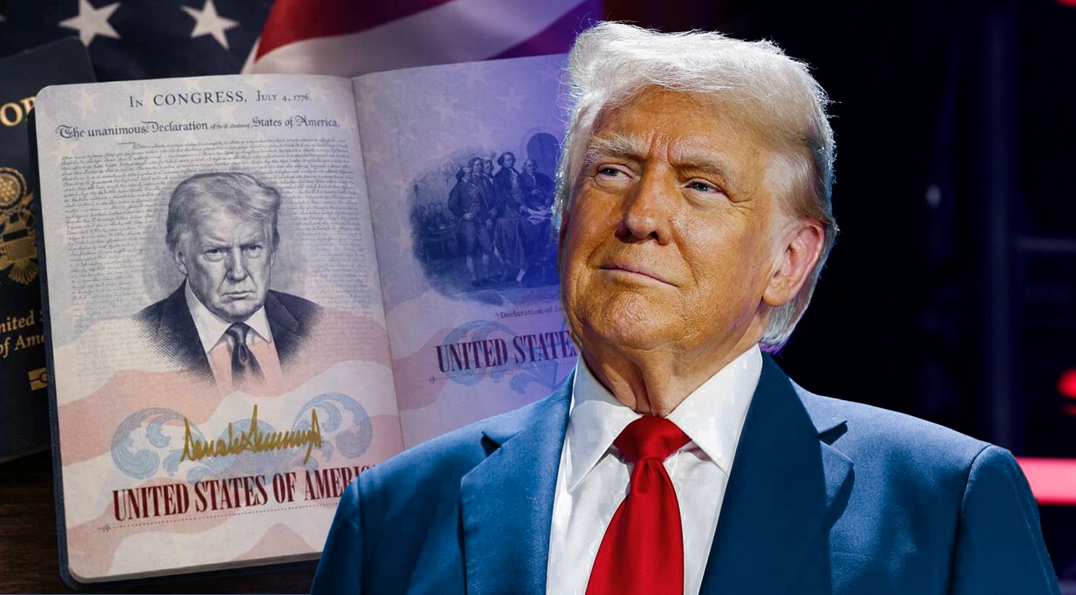 Retrato en primer plano de Donald Trump en traje azul y corbata roja, con una vista ampliada de las páginas internas del pasaporte estadounidense "Patriot Passport" que muestran su rostro impreso y la firma.