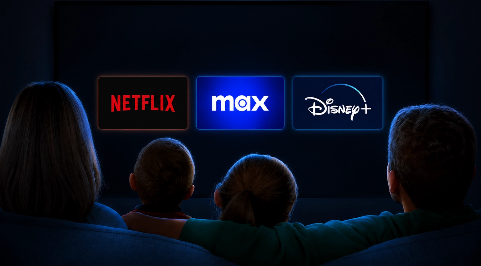 Personas sentadas frente a un televisor en una sala oscura mientras aparecen los logotipos de Netflix, Max y Disney+ en la pantalla, representando las plataformas de streaming.