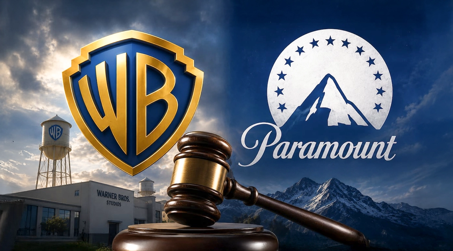Un mazo de juez de madera en primer plano con los logotipos emblemáticos de Warner Bros. y Paramount sobre sus respectivos estudios y montañas de fondo.