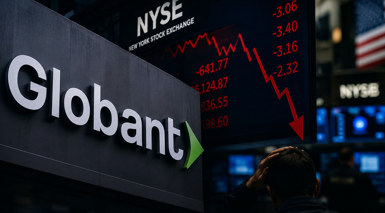 Logotipo de Globant frente a una pantalla de la Bolsa de Nueva York con indicadores bursátiles en rojo y una flecha descendente, mientras un operador observa los mercados.