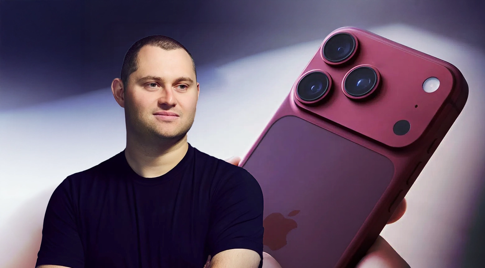 Imagen de un hombre junto a un supuesto iPhone 18 Pro en color rojo con un diseño de cámara trasera ampliada.