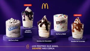 Postres de McDonald’s República Dominicana, incluidos Sundae de Chocolate, McFlurry Oreo, McFlurry M&M, Sundae Blueberry y Sundae de Caramelo.