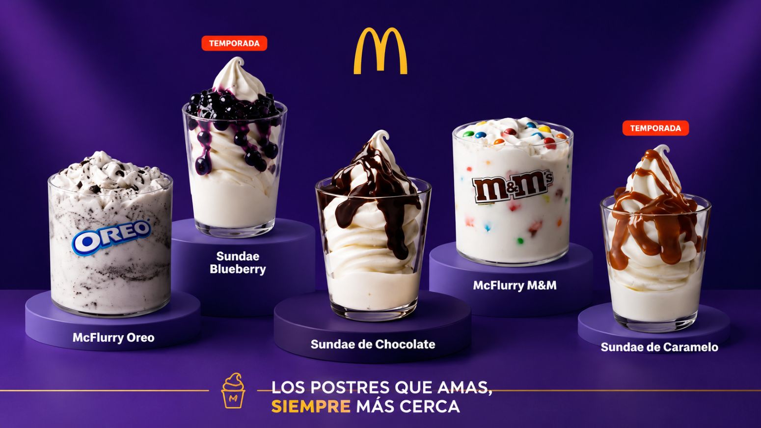 Postres de McDonald’s República Dominicana, incluidos Sundae de Chocolate, McFlurry Oreo, McFlurry M&M, Sundae Blueberry y Sundae de Caramelo.