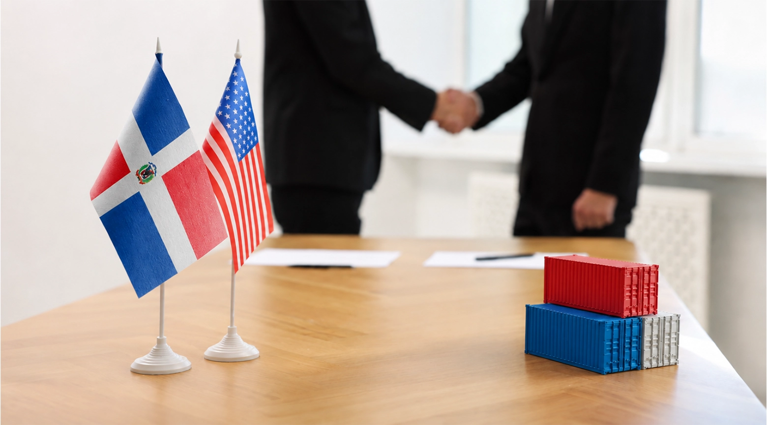 Banderas de República Dominicana y Estados Unidos sobre una mesa junto a pequeños contenedores de carga, mientras dos personas de traje estrechan las manos al fondo.