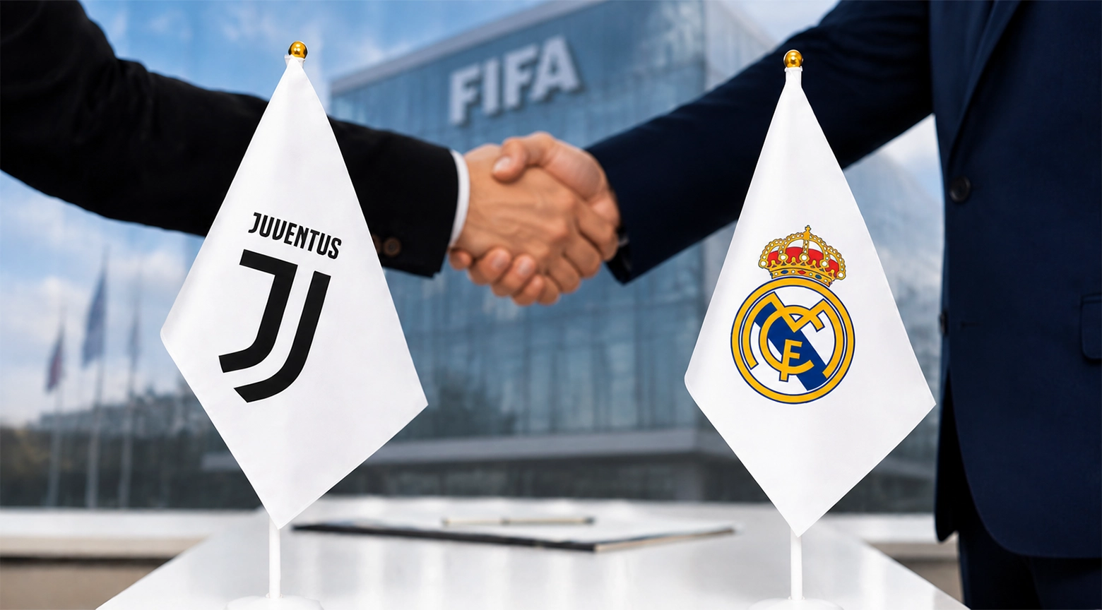 Banderas con los escudos de Juventus y Real Madrid frente a un edificio de la FIFA mientras dos personas estrechan las manos, simbolizando acuerdos, conflictos o negociaciones en el fútbol internacional.