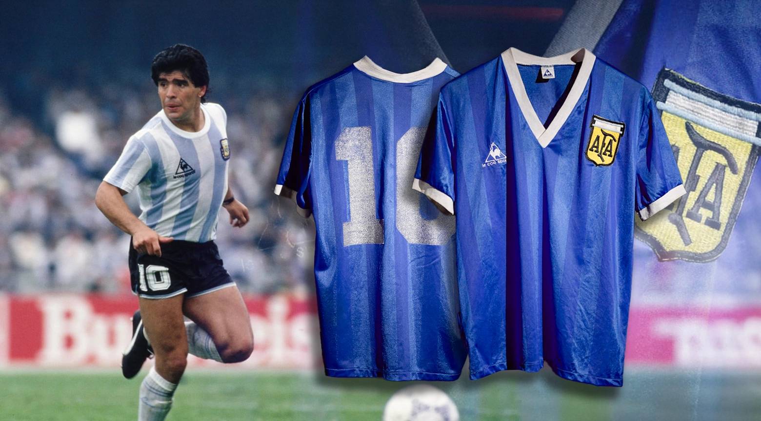 Montaje de un futbolista argentino en acción junto a varias camisetas clásicas de la selección argentina, incluida una con el número 10 y otra con el número 15.